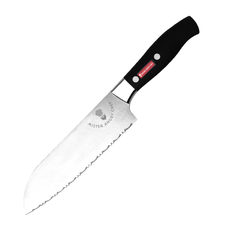 Serrated Santoku Knife - Black Hard Plastic Handle - X30Cr13 SS Blade
