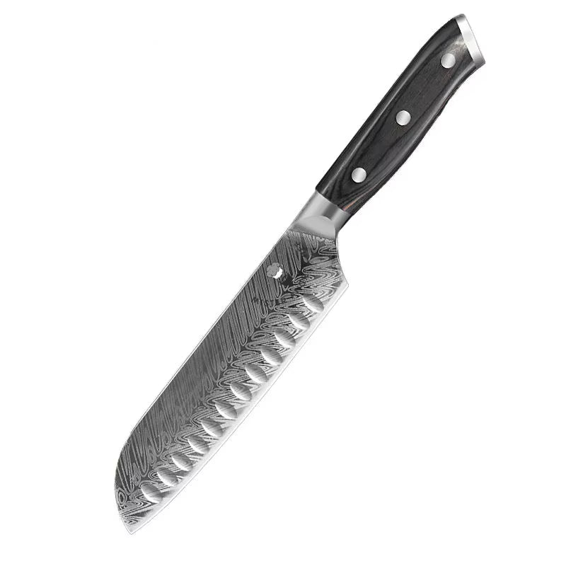 7" Japanese Laser Damascus Santoku Knife - Pakka Wood Handle - 40Cr13 SS Blade