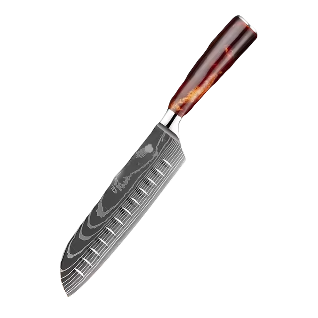 7" Japanese Laser Damascus Santoku Knife - Resin Handle - 40Cr13 SS Blade