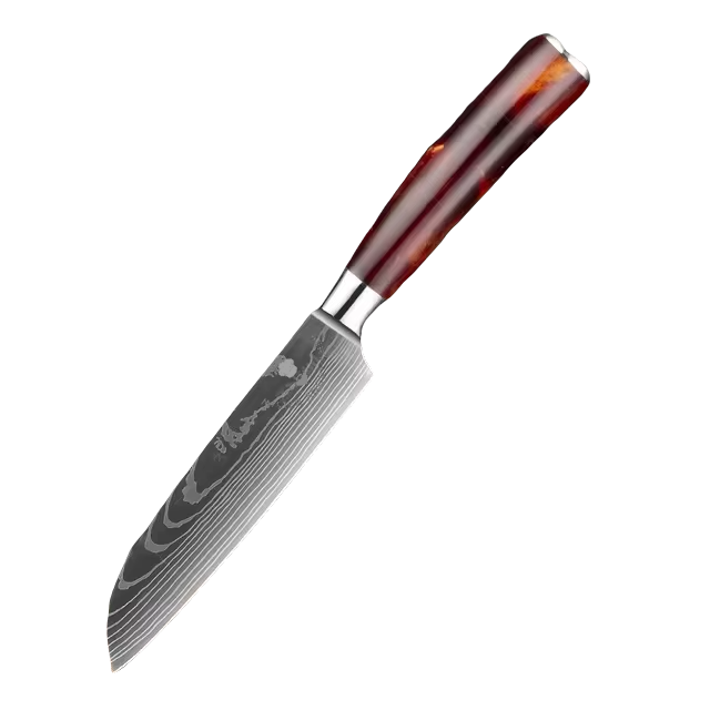 5" Japanese Laser Damascus Santoku Knife - Resin Handle - 40Cr13 SS Blade