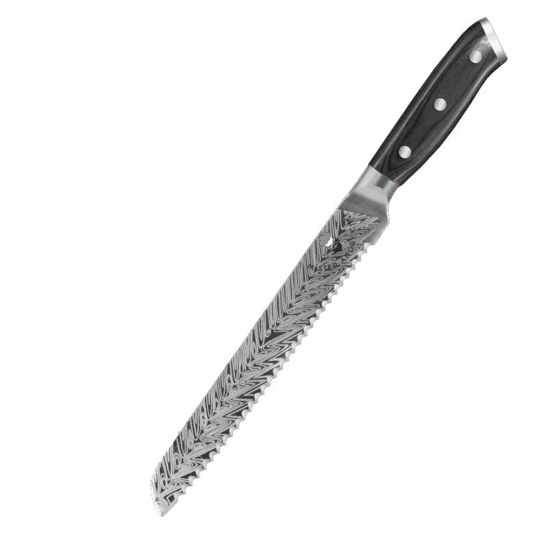 8" Japanese Laser Damascus Bread Knife - Pakka Wood Handle - 40Cr13 SS Blade